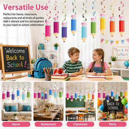48Pcs Back to School Pencil Hanging Swirl Decorations,Welcome Back to School Foil Ceiling Swirls