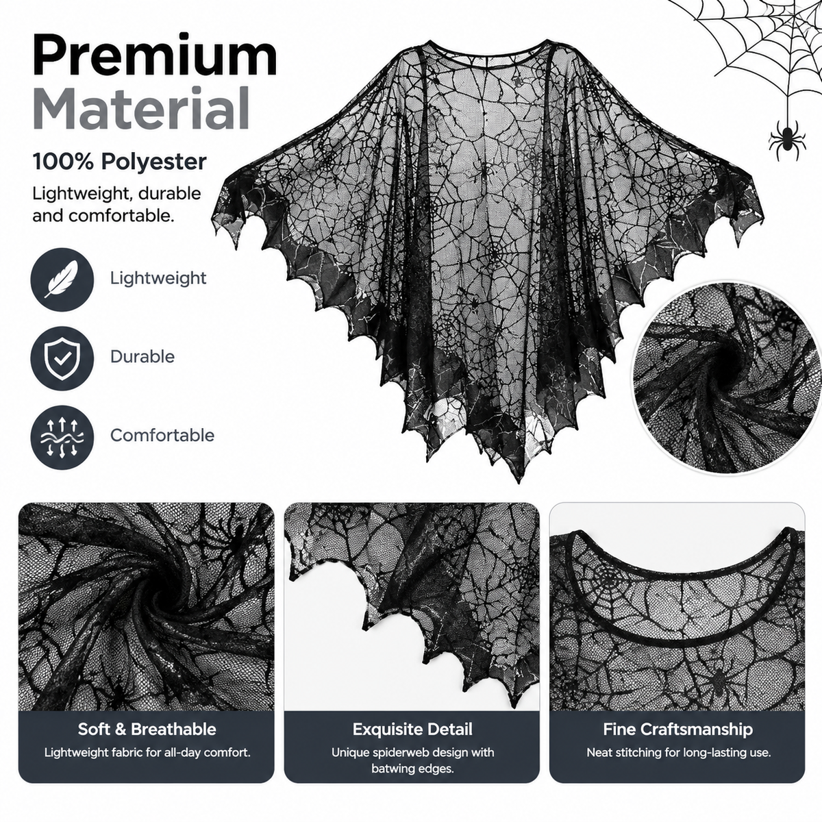 Halloween Poncho for Women, Black Lace Spider Web Cape