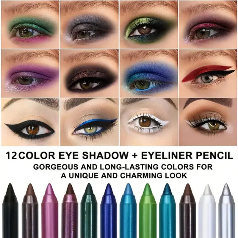 12-Pack Eyeliner Pencil Waterproof Colored Gel Liners with Metallic & Shimmer Finishes Smudge-Proof