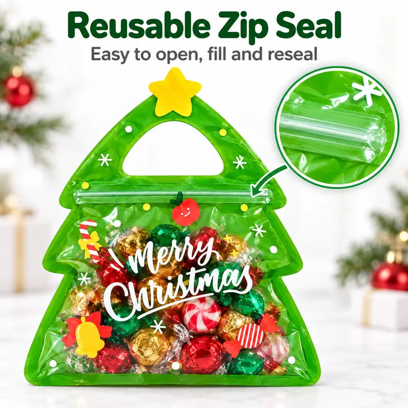 30 Pcs Christmas Party Candy Resealable Bags, Christmas Tree Shaped Plastic Zipper Snack Bags with Handles