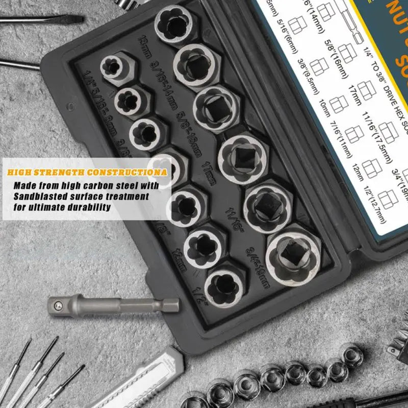 Bolt Extractor Tool Set, 13+1 Counts Impact & Nut Remover Stripped Lug Remover