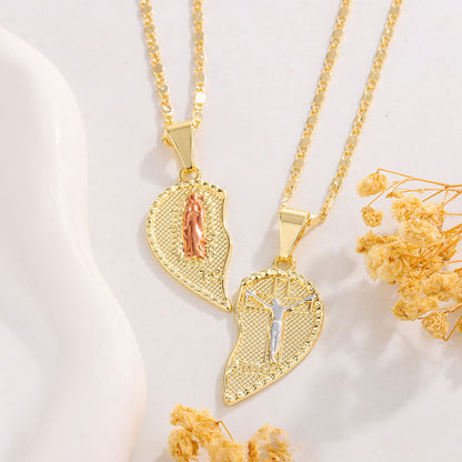 Virgen De Guadalupe Necklace Set Matching Heart Cross Pendant