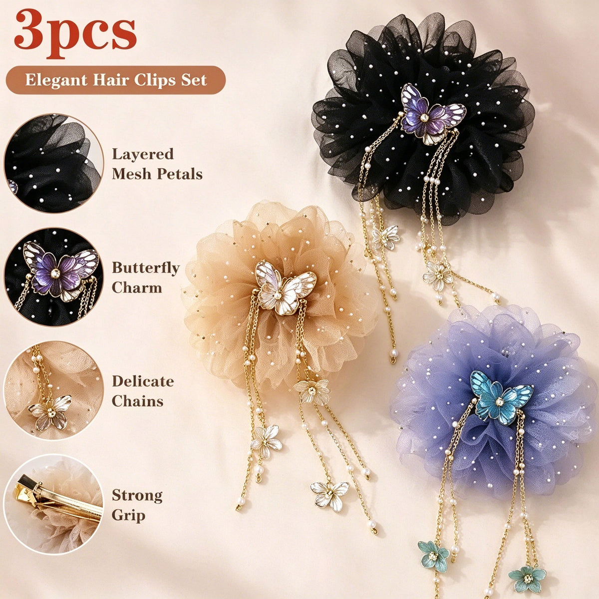3-Piece Butterfly Tassel & Tulle Peony Hair Clip Set, Non-Slip Claw Clip