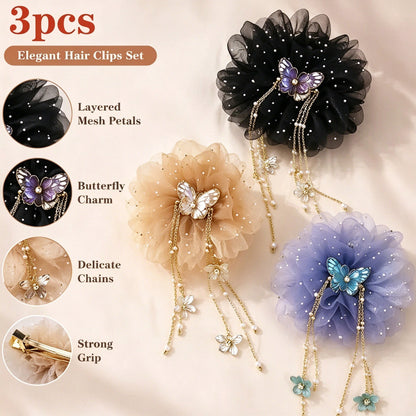 3-Piece Butterfly Tassel & Tulle Peony Hair Clip Set, Non-Slip Claw Clip
