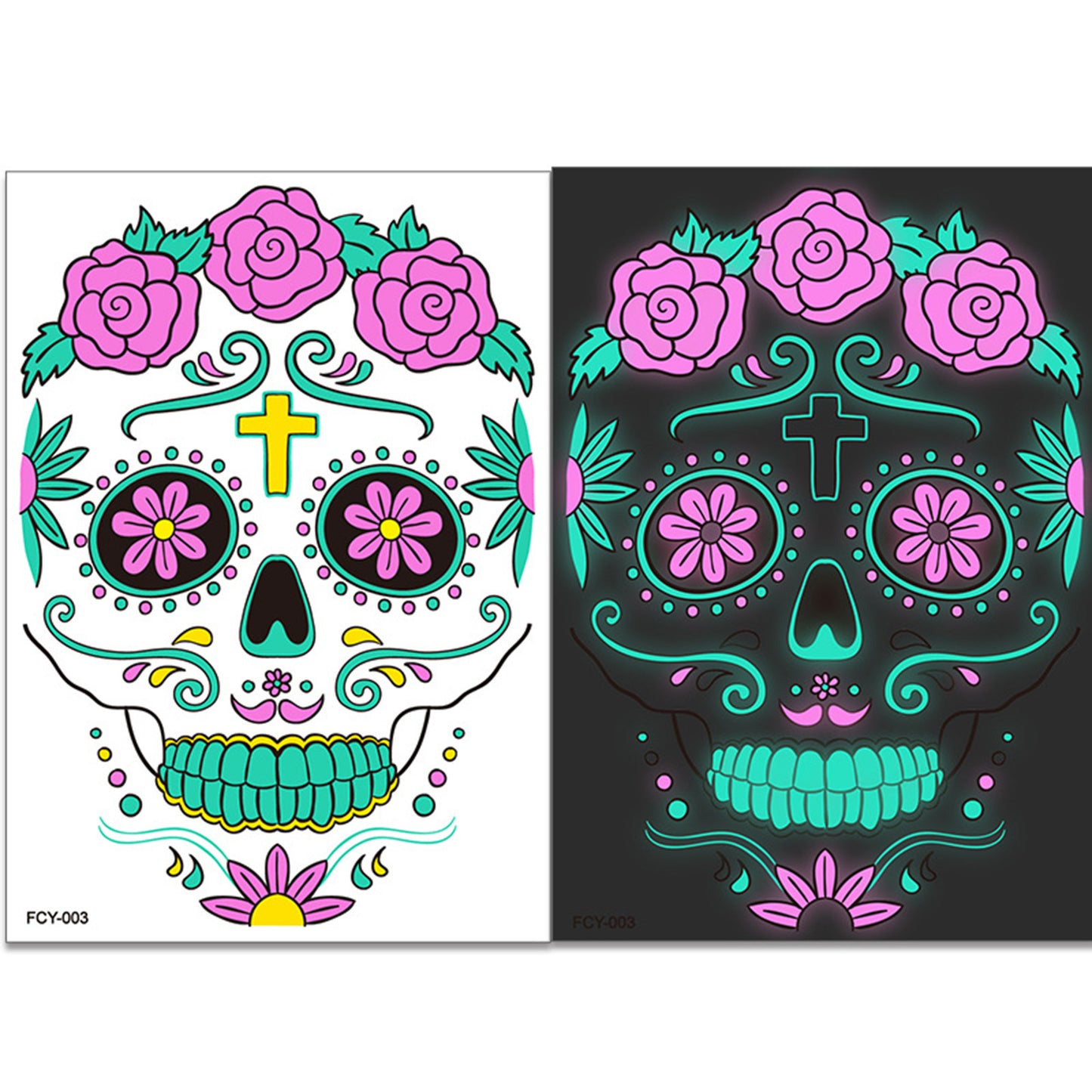 4pcs/set Halloween Glow Tattoos - UV Reactive Sugar Skull Face Decals