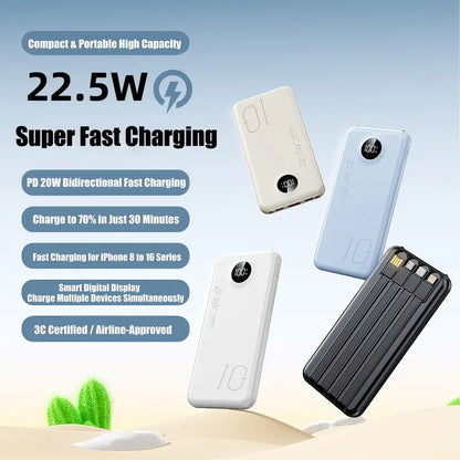 10000mAh Compact Portable Power Bank Charger - 22.5W Fast Charging Battery Power Bank with Built-in Cables