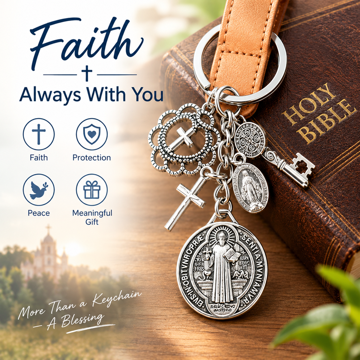 2Pcs St. Benedictine Virgin Mary Cross Keychain with Circle Pendant - Perfect Small Gift
