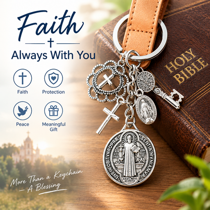 2Pcs St. Benedictine Virgin Mary Cross Keychain with Circle Pendant - Perfect Small Gift