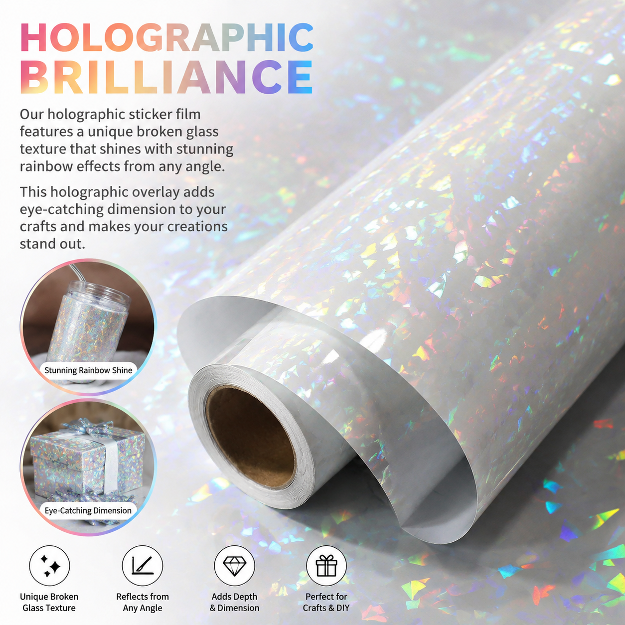 1Roll Iridescent Holographic Sticker Paper Vinyl Roll Self-Adhesive Laminating Sheets Film 11.8inch*10ft