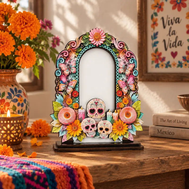 Día de los Muertos Wooden Picture Frame, Mexican Day of the Dead Tabletop Decor