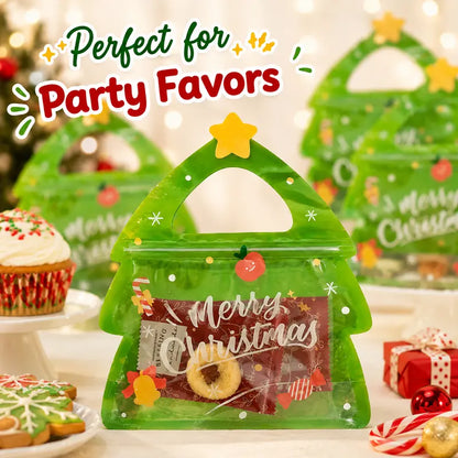 30 Pcs Christmas Party Candy Resealable Bags, Christmas Tree Shaped Plastic Zipper Snack Bags with Handles