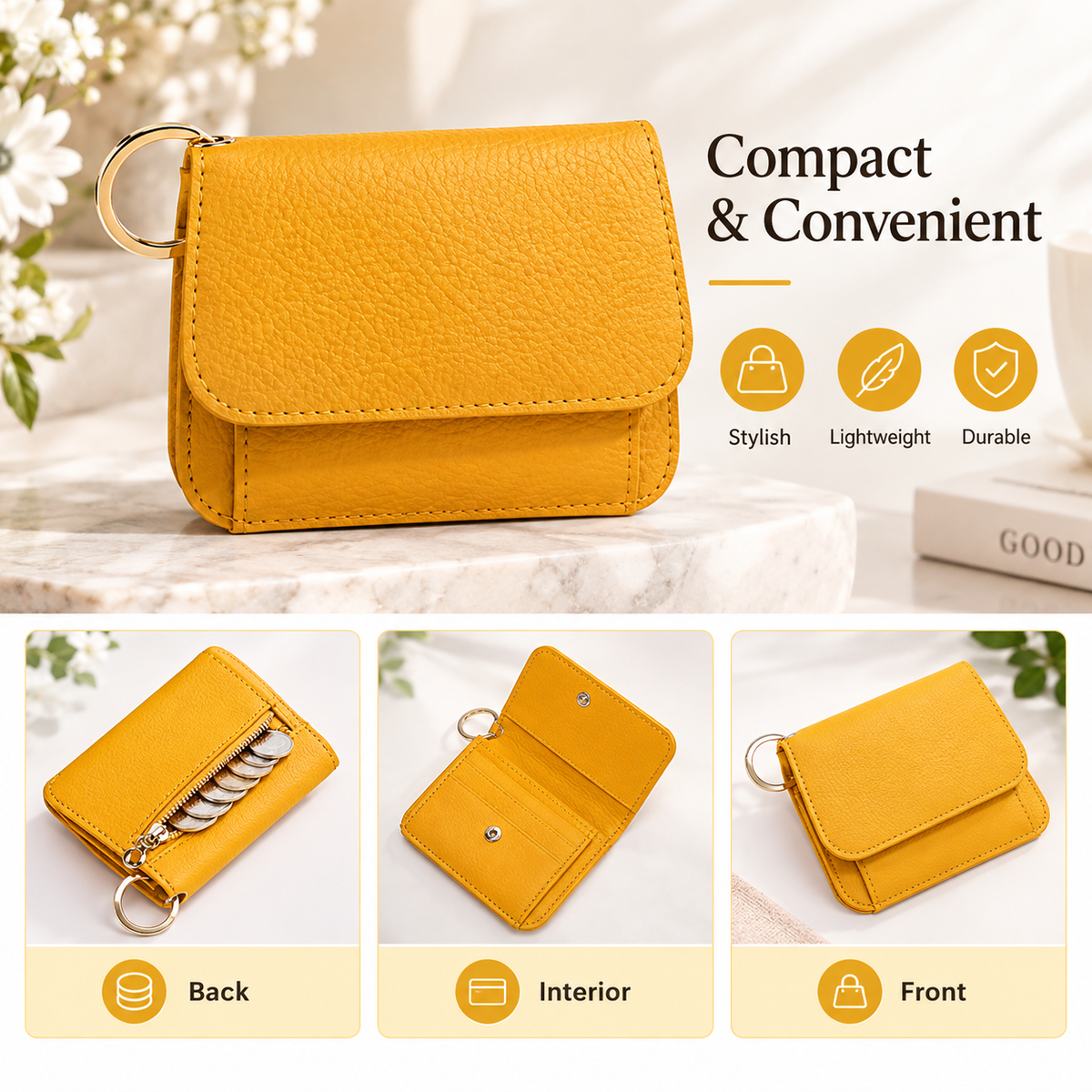 Small Wallet for Women RFID Blocking Genuine Leather Card Case Slim Tri-Fold Wallet with Zipper Pocket and Keychain