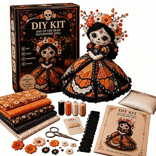 Day of the Dead Patchwork Doll DIY Sewing Kit – Handmade Fabric Doll Craft Kit with Floral Details