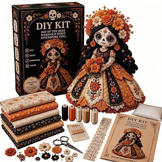 Day of the Dead Patchwork Doll DIY Sewing Kit – Handmade Fabric Doll Craft Kit with Floral Details