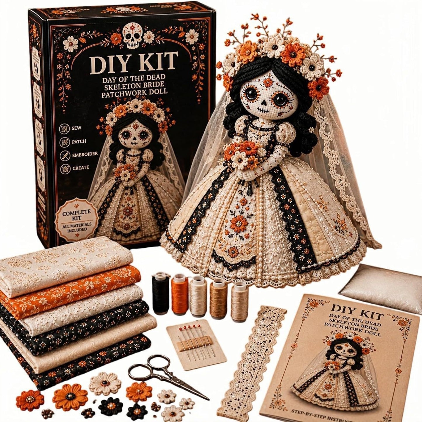 Day of the Dead Patchwork Doll DIY Sewing Kit – Handmade Fabric Doll Craft Kit with Floral Details