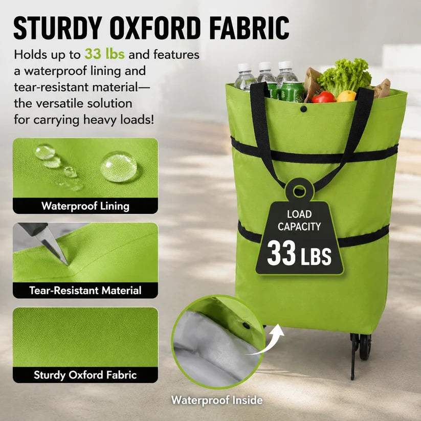 2-in-1 Foldable Shopping Cart: Waterproof Collapsible Grocery Trolley Bag