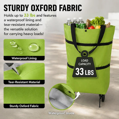 2-in-1 Foldable Shopping Cart: Waterproof Collapsible Grocery Trolley Bag