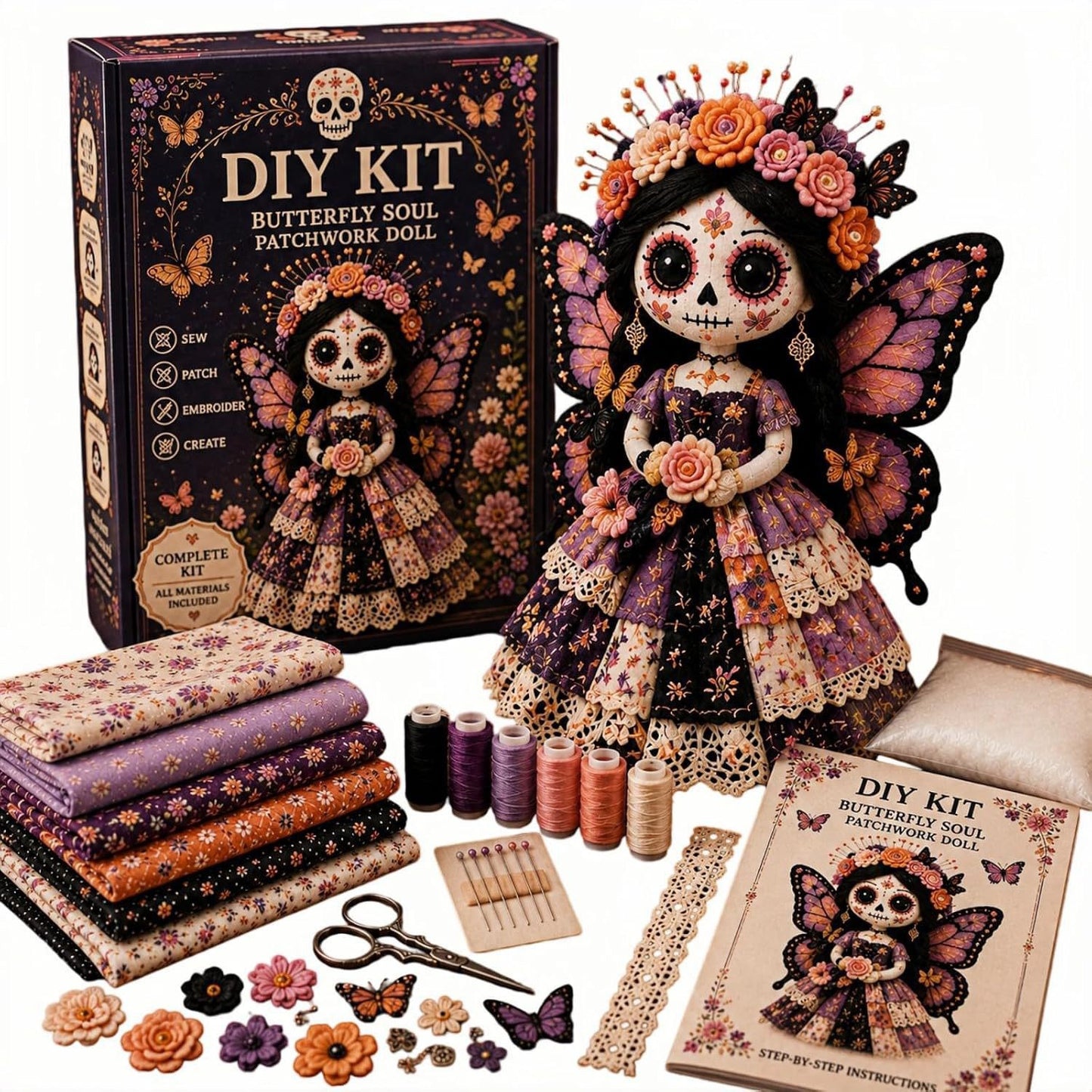 Day of the Dead Patchwork Doll DIY Sewing Kit – Handmade Fabric Doll Craft Kit with Floral Details