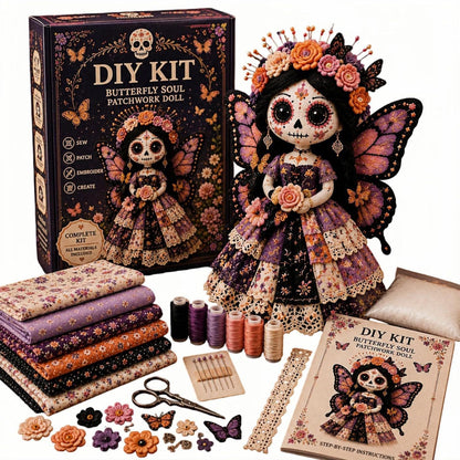 Day of the Dead Patchwork Doll DIY Sewing Kit – Handmade Fabric Doll Craft Kit with Floral Details