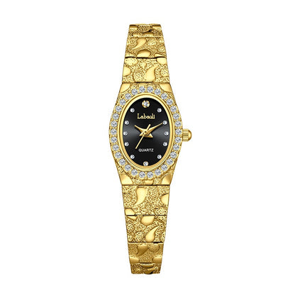 Elegant Women's Quartz Watch, Oval Rhinestone Inlay Dress Watches with Textured Alloy Band