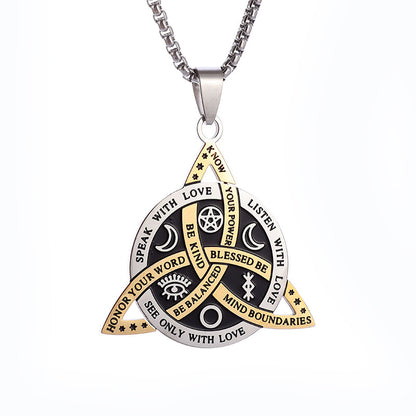 Witch Knot Necklace, Celtic Trinity Knot Triple Goddess Triquetra Pendant with Engraved Inspirational Quotes