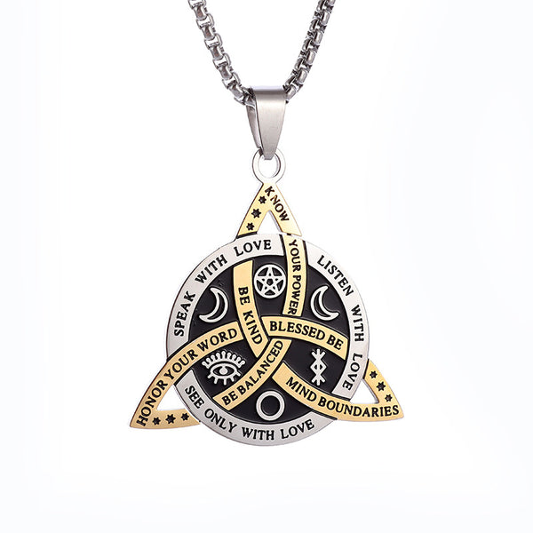 Witch Knot Necklace, Celtic Trinity Knot Triple Goddess Triquetra Pendant with Engraved Inspirational Quotes