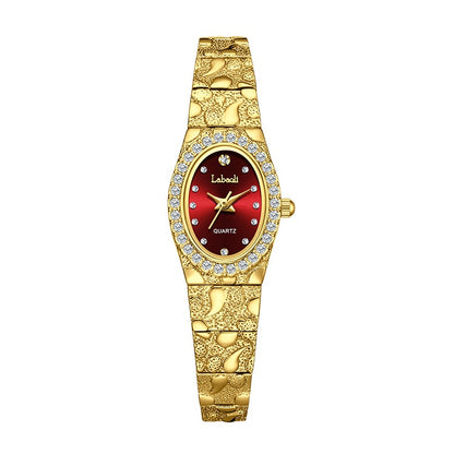 Elegant Women's Quartz Watch, Oval Rhinestone Inlay Dress Watches with Textured Alloy Band