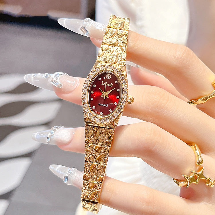 Elegant Women's Quartz Watch, Oval Rhinestone Inlay Dress Watches with Textured Alloy Band