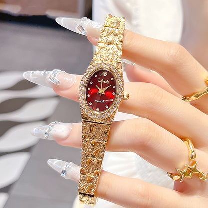 Elegant Women's Quartz Watch, Oval Rhinestone Inlay Dress Watches with Textured Alloy Band