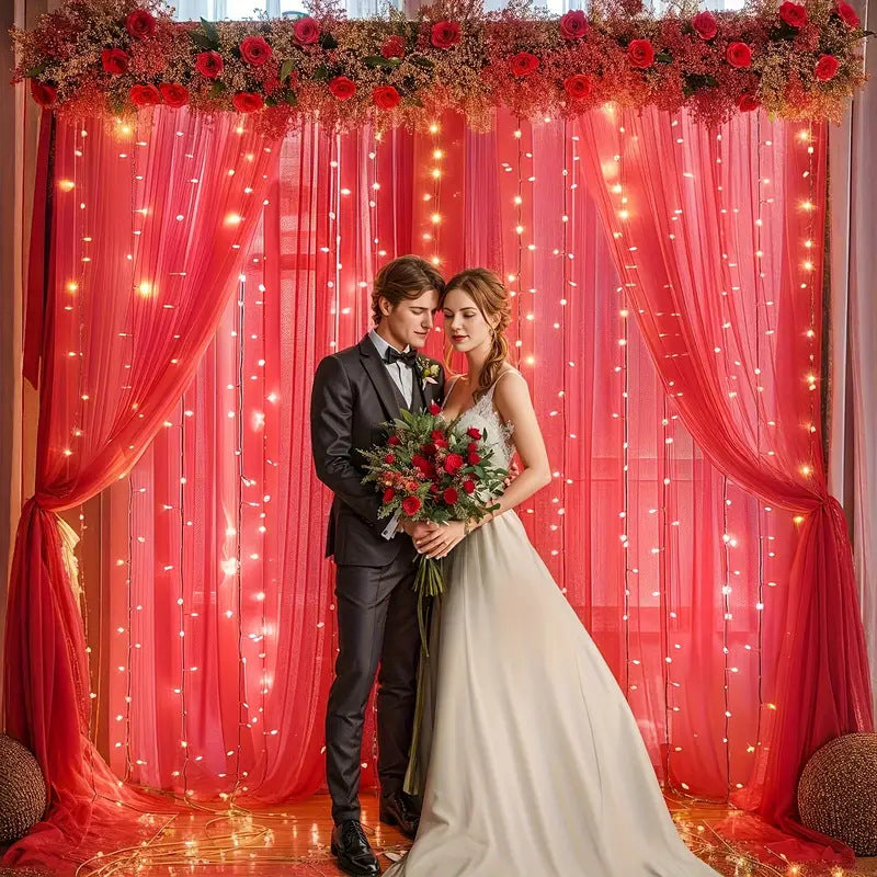 Tulle Curtain with Lights String Backdrop for Wedding 63x118inch