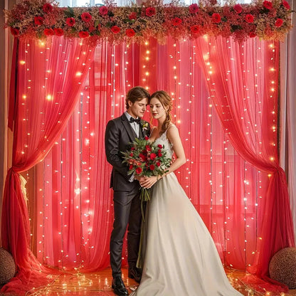 Tulle Curtain with Lights String Backdrop for Wedding 63x118inch