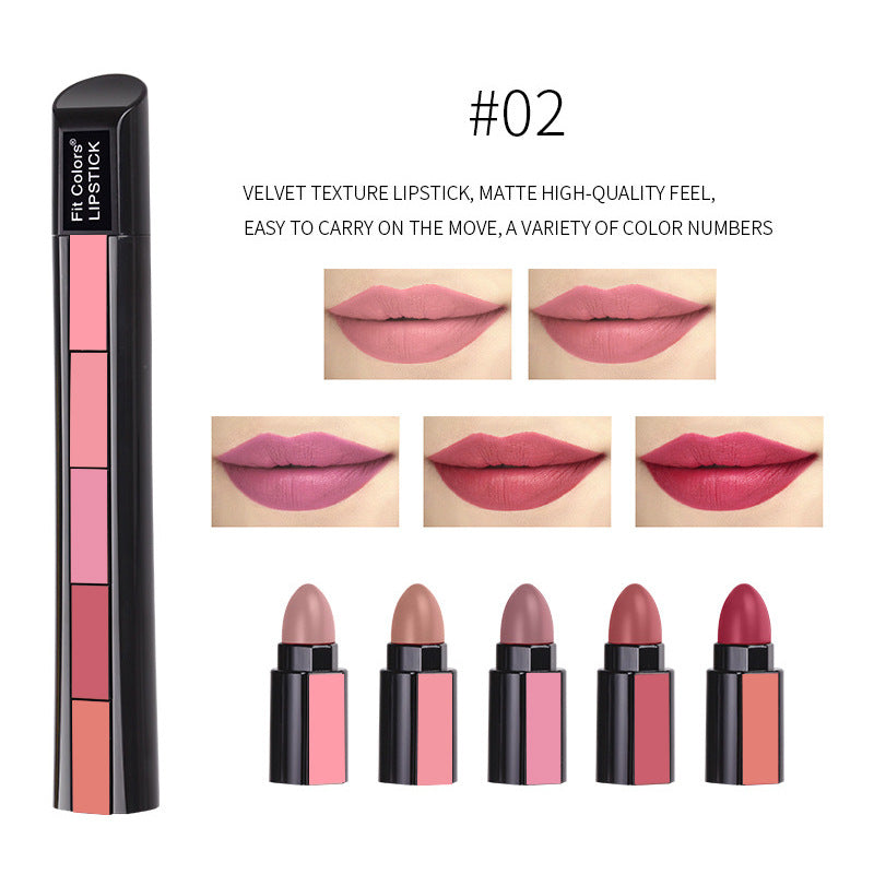 5 in 1 Matte Lipstick,Multicolor Combination Lipsticks Velvety High Pigment Lip Makeup Non-marking Lip Gloss Moisturizing