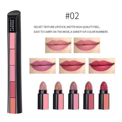 5 in 1 Matte Lipstick,Multicolor Combination Lipsticks Velvety High Pigment Lip Makeup Non-marking Lip Gloss Moisturizing