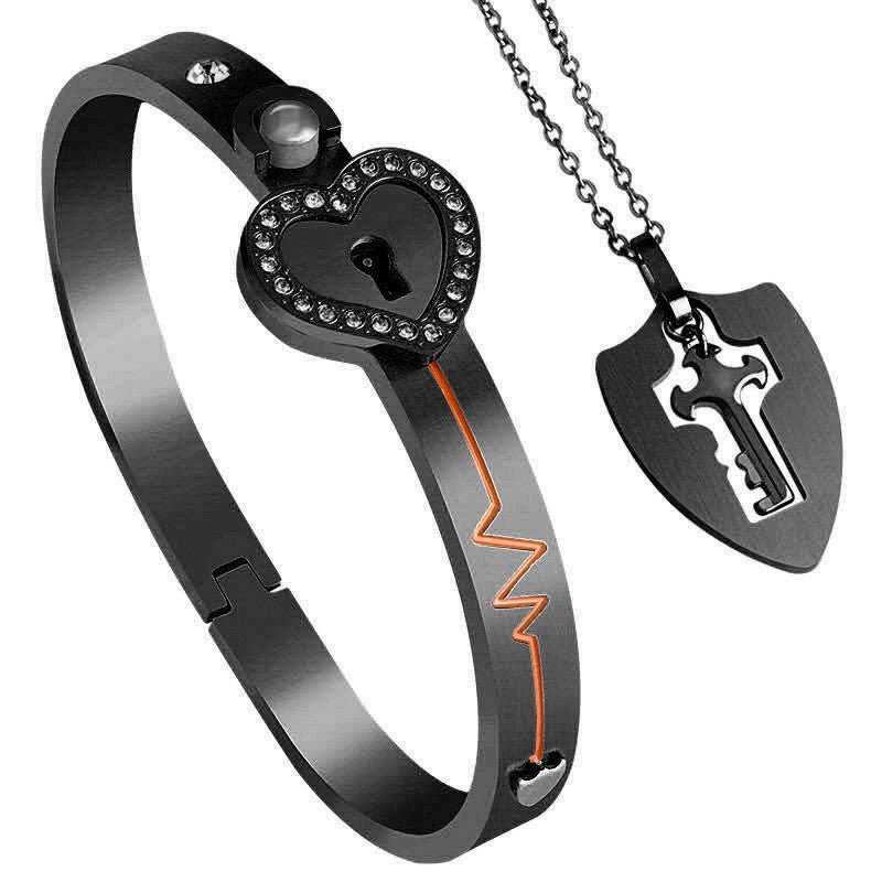 Locking Bracelet With Key For Couple, Love Heart Lock Bangles Key Pendant, Lock Bracelets And Key Necklace Set