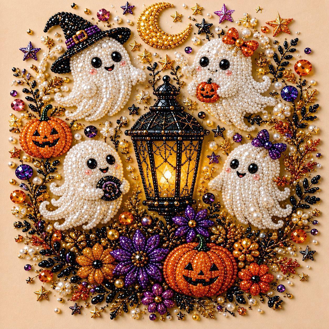 Halloween Ghost Pearl Art DIY Kit, 10x10 Inch, Spooky Cute 3D Diamond Painting Crafts
