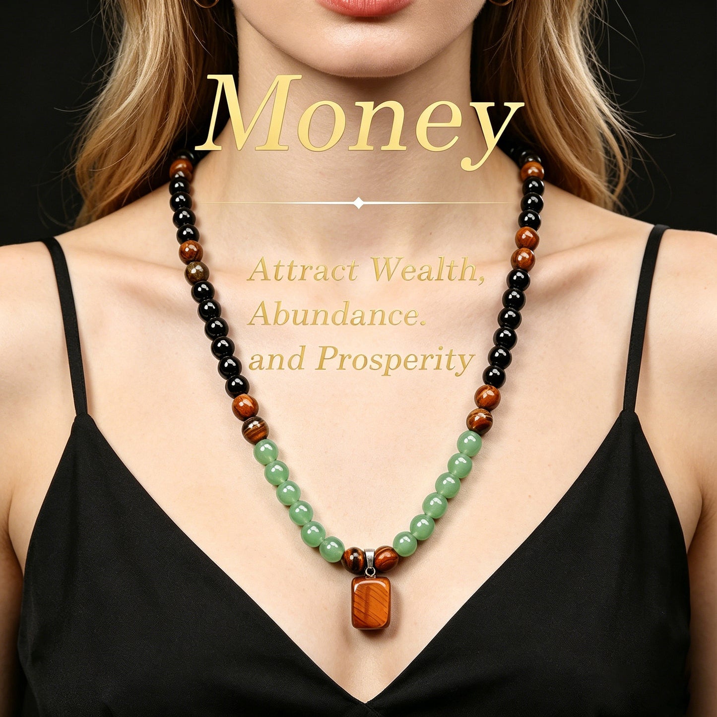 Money Necklace Jewelry for Women Men, Wealth Tiger Eye Obsidian Beaded Good Luck Natural Stone
