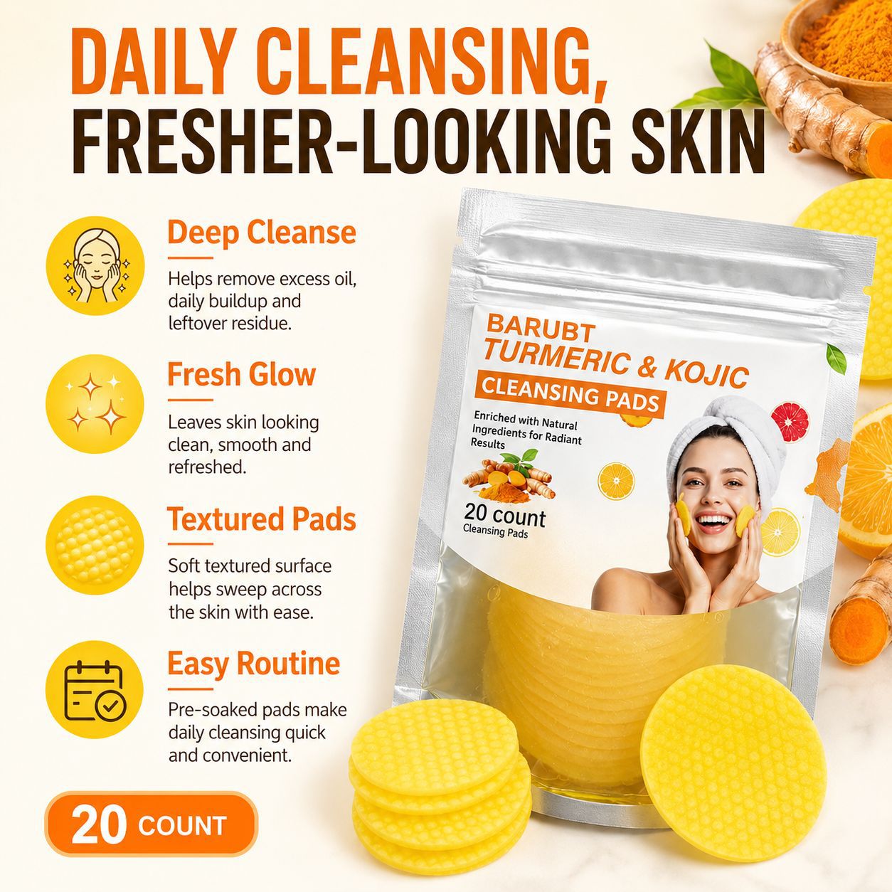 Turmeric & Kojic Cleansing Pads - 20 Pads for Deep Pore Clean