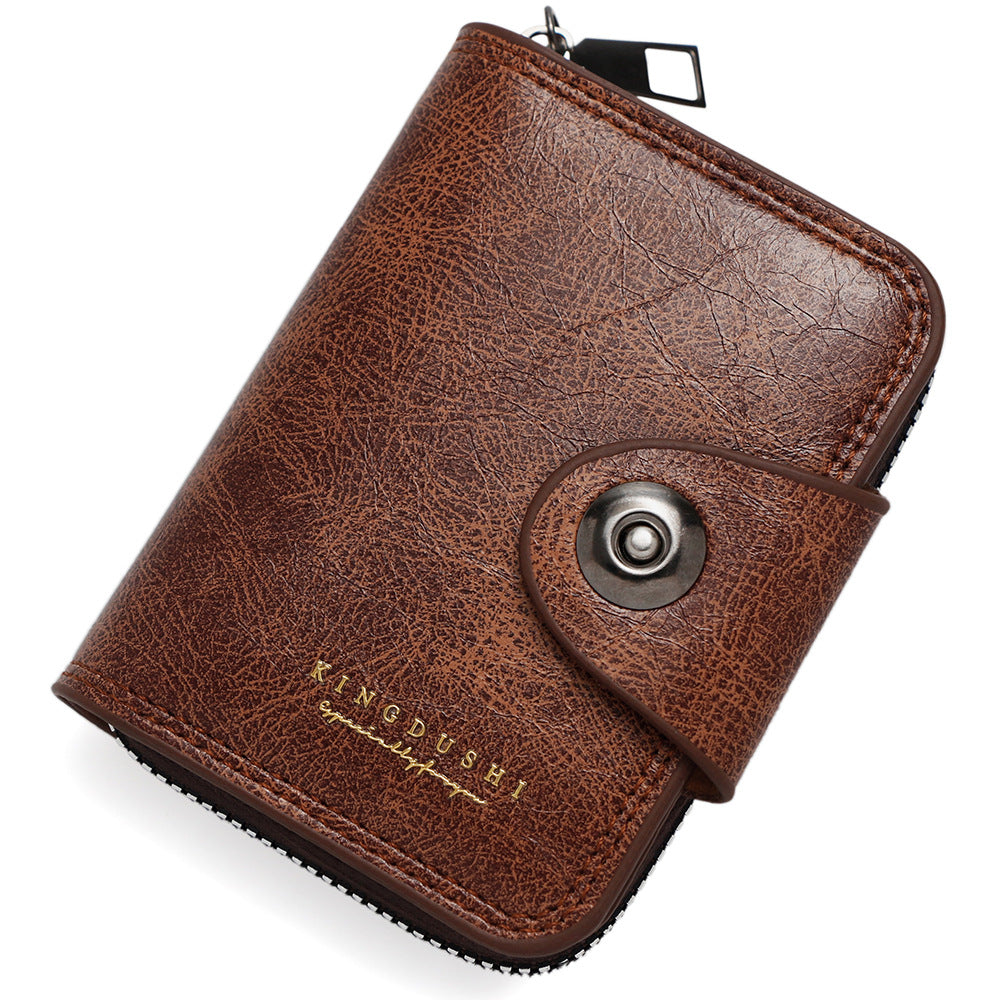 Men's Leather Bi-fold Wallet with Zippered Coin Pocket | Men's Small Vintage PU Wallet with Zipper