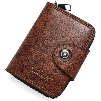 Men's Leather Bi-fold Wallet with Zippered Coin Pocket | Men's Small Vintage PU Wallet with Zipper