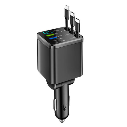 7-in-1 Retractable Car Charger with Digital Display, 4-Port & Triple Built-in Cables