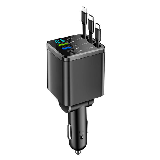 7-in-1 Retractable Car Charger with Digital Display, 4-Port & Triple Built-in Cables