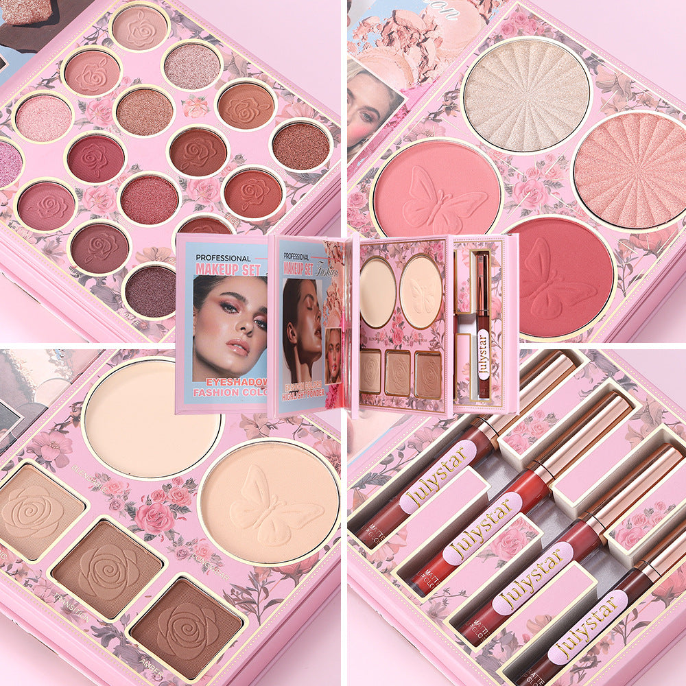 4-In-1 Pink Flip Makeup Book, Portable All-In-One Palette For Basic Eyeshadow, Blush, Lip Gloss & Bronzer