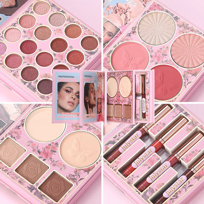 4-In-1 Pink Flip Makeup Book, Portable All-In-One Palette For Basic Eyeshadow, Blush, Lip Gloss & Bronzer