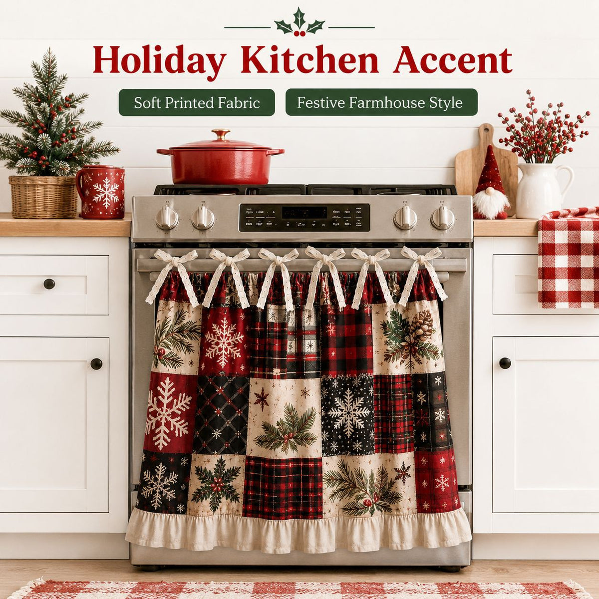 Christmas Stove Skirt, Patchwork Oven Curtain with Bow Tie Ties