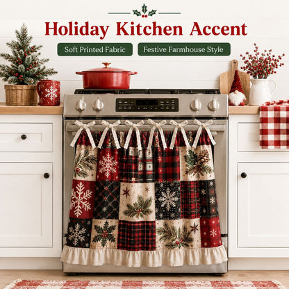 Christmas Stove Skirt, Patchwork Oven Curtain with Bow Tie Ties
