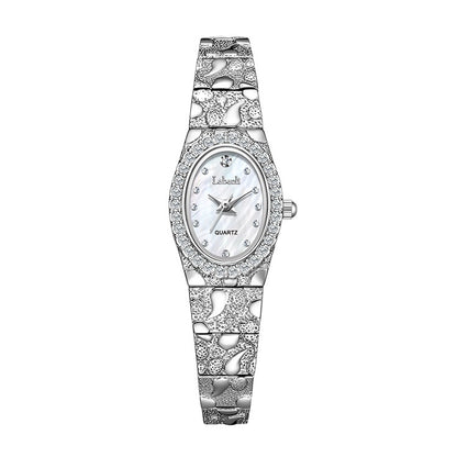 Elegant Women's Quartz Watch, Oval Rhinestone Inlay Dress Watches with Textured Alloy Band