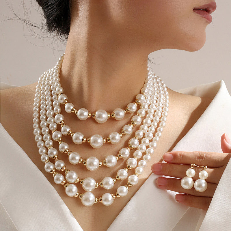 Elegant Pearl Jewelry Bead Cluster Collar Bib Choker Necklace and Earrings Set