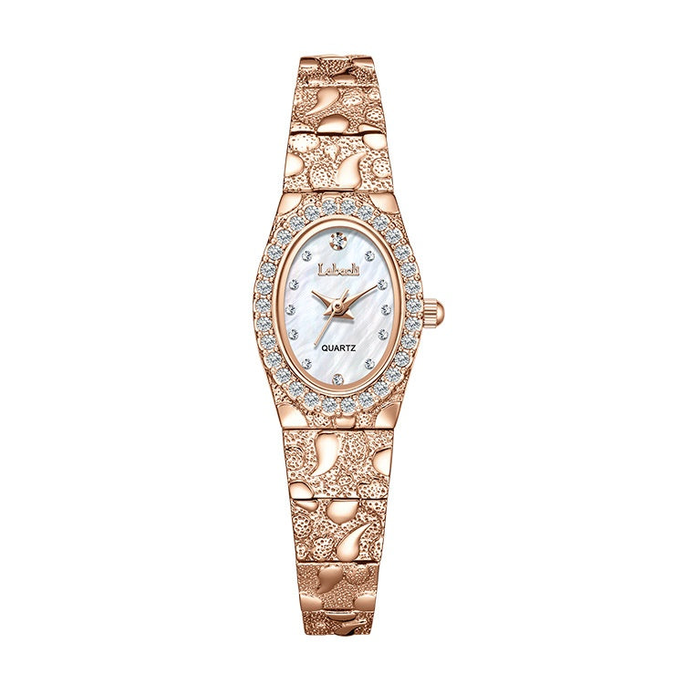 Elegant Women's Quartz Watch, Oval Rhinestone Inlay Dress Watches with Textured Alloy Band