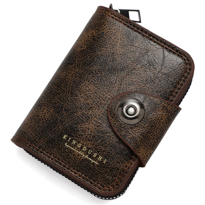 Men's Leather Bi-fold Wallet with Zippered Coin Pocket | Men's Small Vintage PU Wallet with Zipper