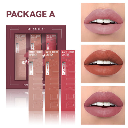 3 Colors Matte Liquid Lipstick Set, Velvet Smooth Nude Lip Gloss, Waterproof Moisturizing Long Lasting